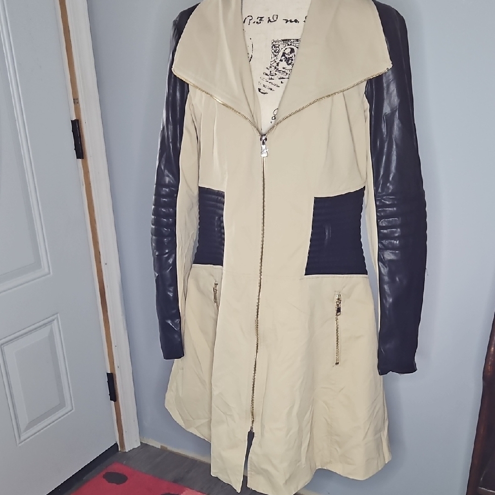Bebe Cream and Black Trench Coat with Leather Accents